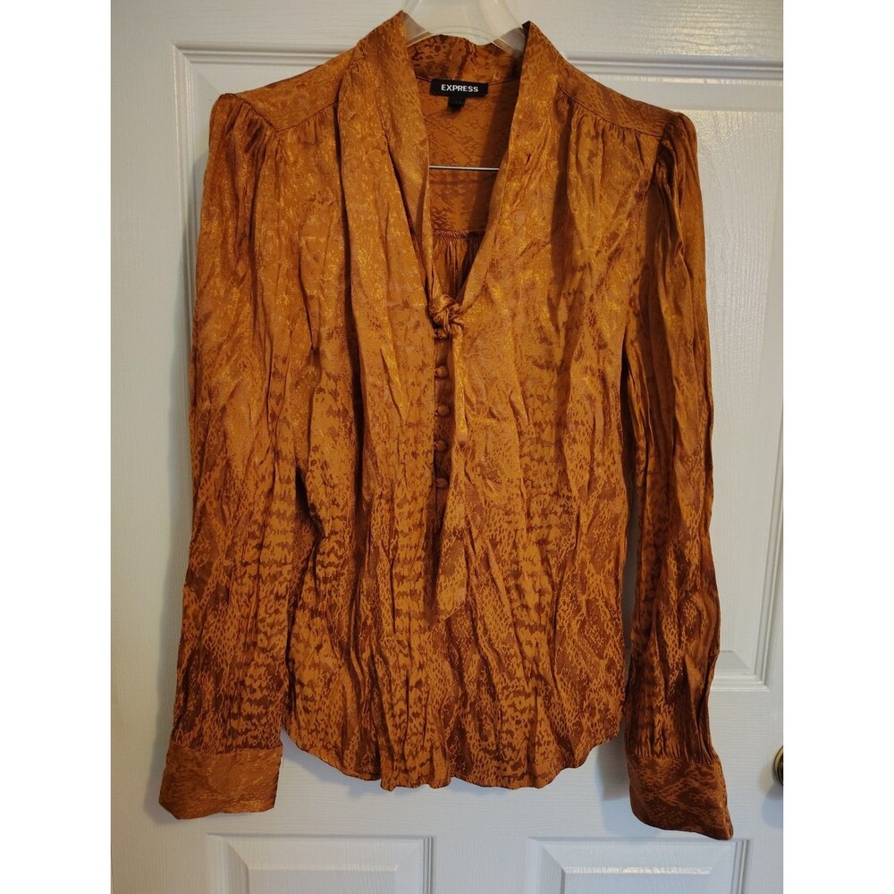 Express Women’s Brown Animal Print Satin V-Neck Tie-Neck Long Sleeve Blouse M